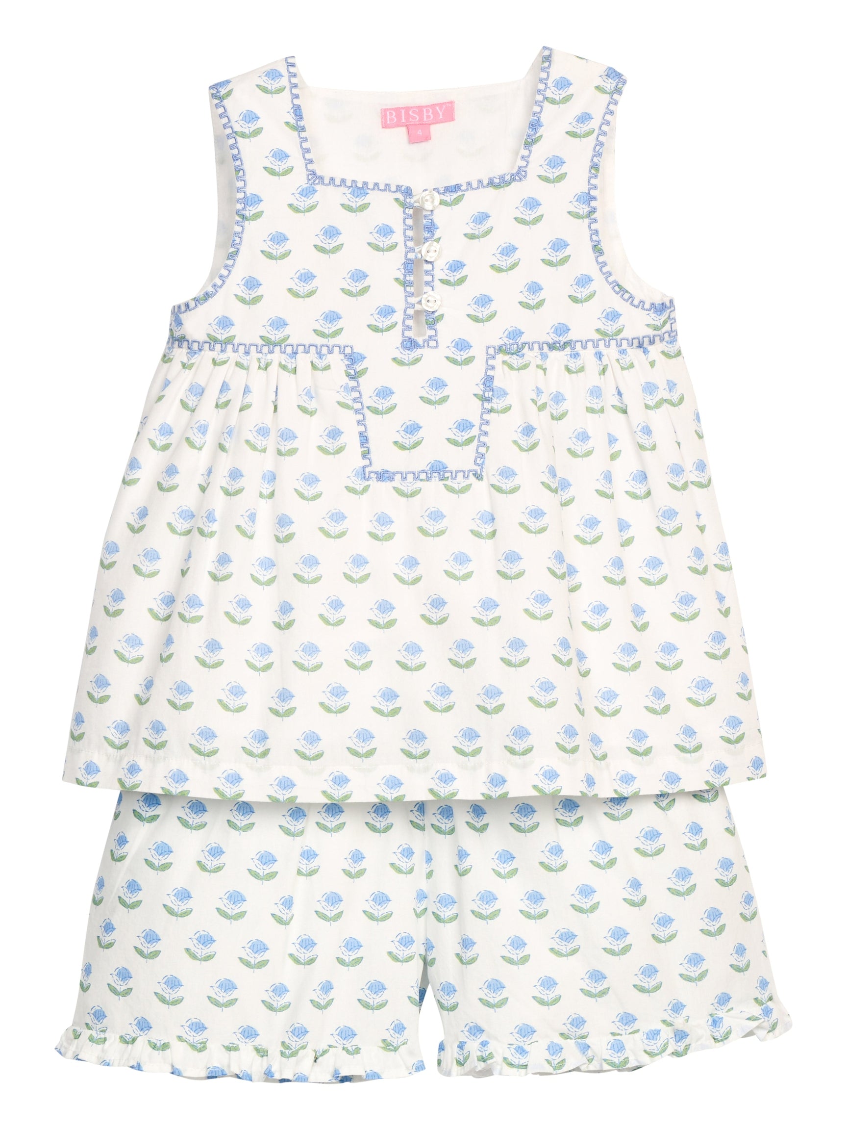 Shirred Ruffle Shorts - Blue Tulip Block Print