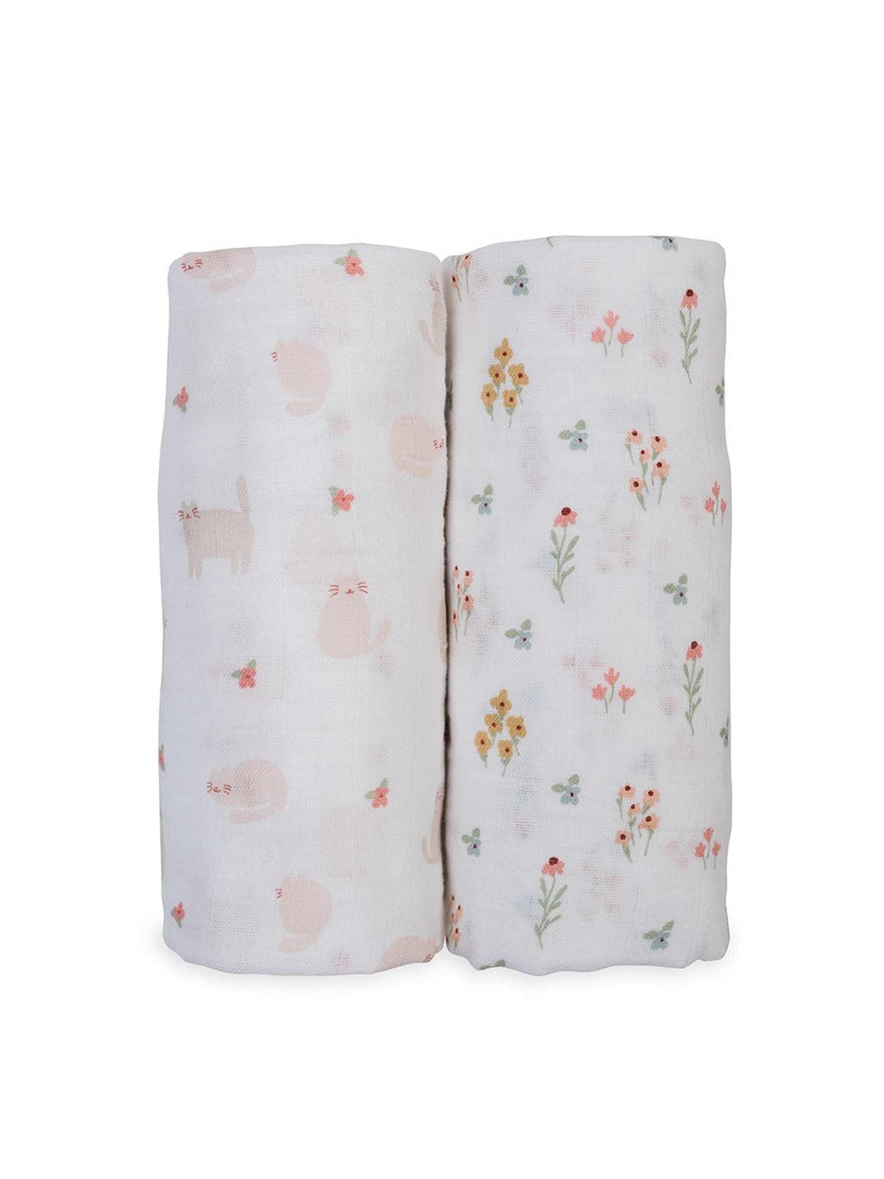 Lulujo Cotton Swaddles – Kitty Cats & Flowers – 40×40″