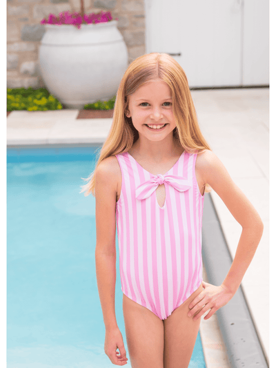 PRE-ORDER Leah Knotted One Piece Swimsuit - Pink Stripe Collection - Posh Tots Children's Boutique