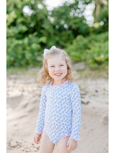 Girls Long Sleeve Swimsuit - Blue Squiggles