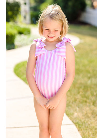 PRE-ORDER Lucy One Piece Bow Swimsuit - Pink Stripe Collection - Posh Tots Children's Boutique