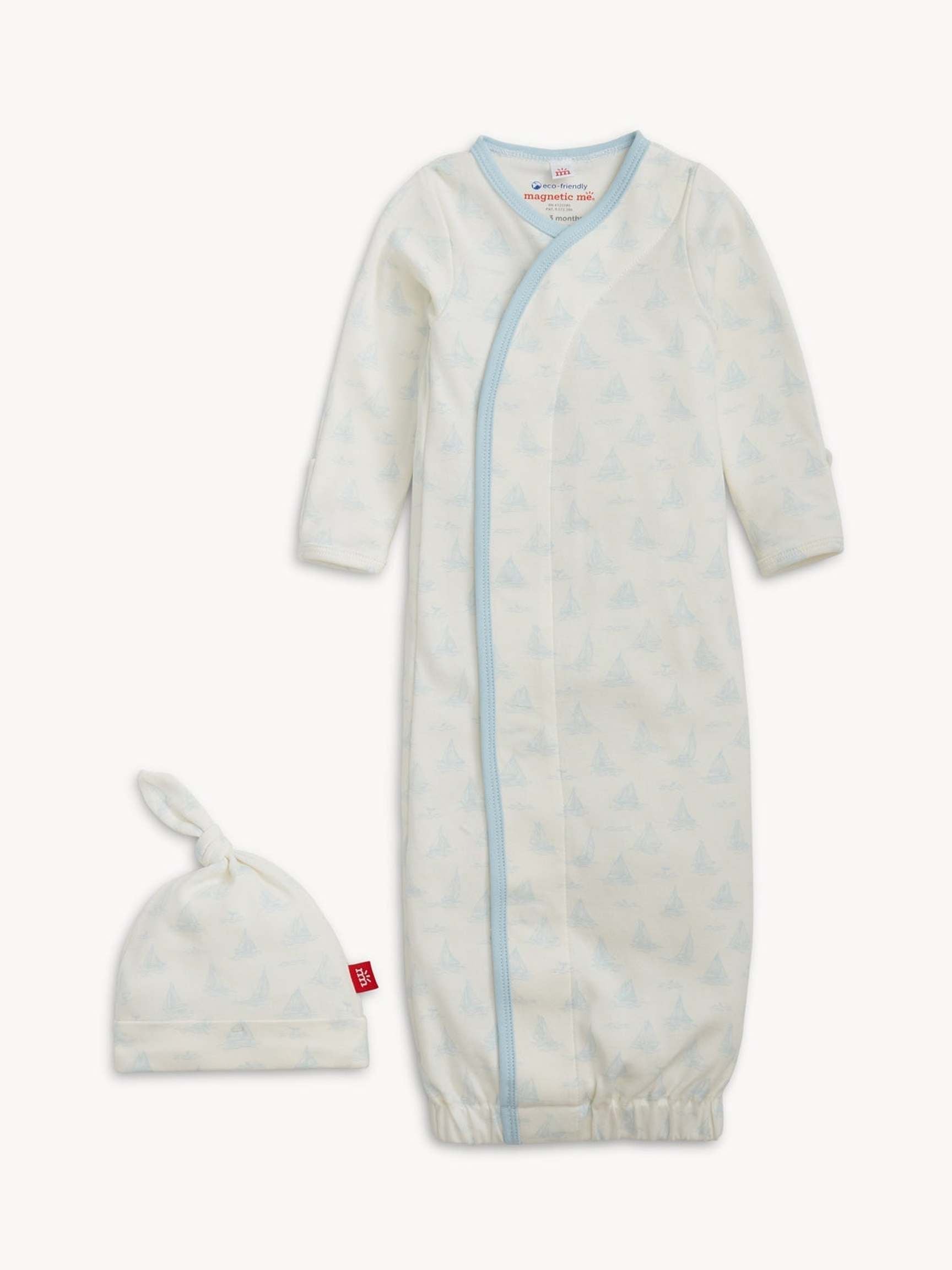 Blue Tiny Tides Organic Cotton Gown & Hat Set