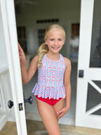 PRE-ORDER Collette Peplum Swimsuit - Patriotic Stars & Stripes
