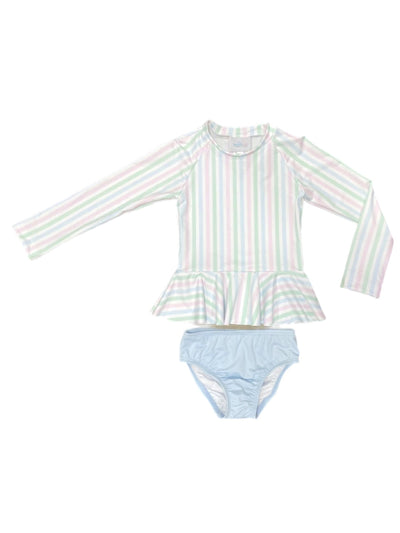 Poppy Peplum Rash Guard Swimsuit - Pastel Stripe