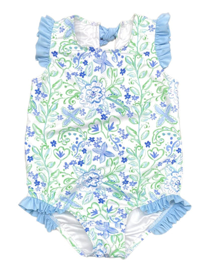 Audrey One Piece Swimsuit - Blue & Green Floral
