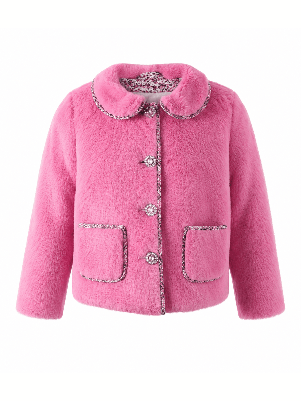 Pink Shearling Floral Trim Jacket