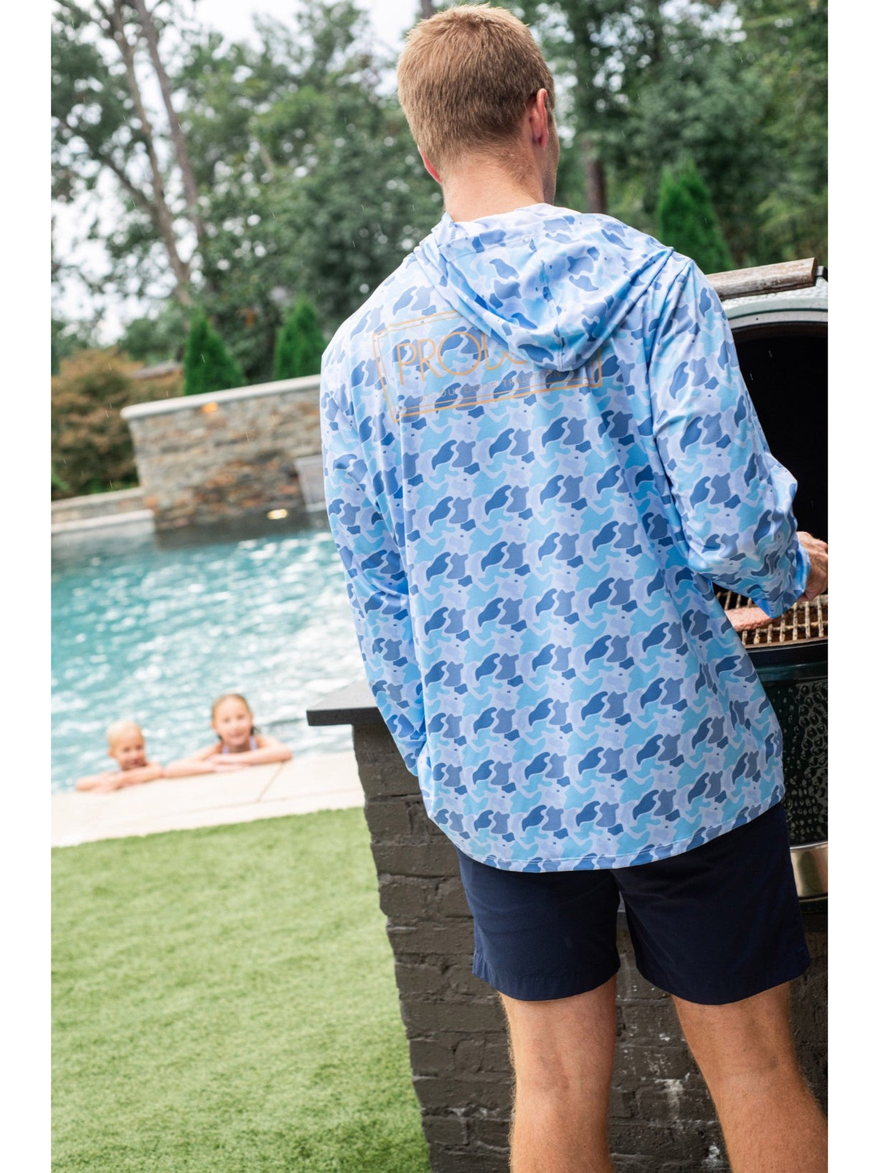 Men's Long Sleeve Pro Performance Hoodie- Windsurfer Blue Camo