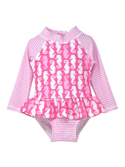 UPF 50+ Alissa Infant Ruffle Rash Guard Swimsuit - Happy Pink Seahorses