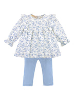 Blue Romantic Toile Printed Pima Blouse & Leggings Set