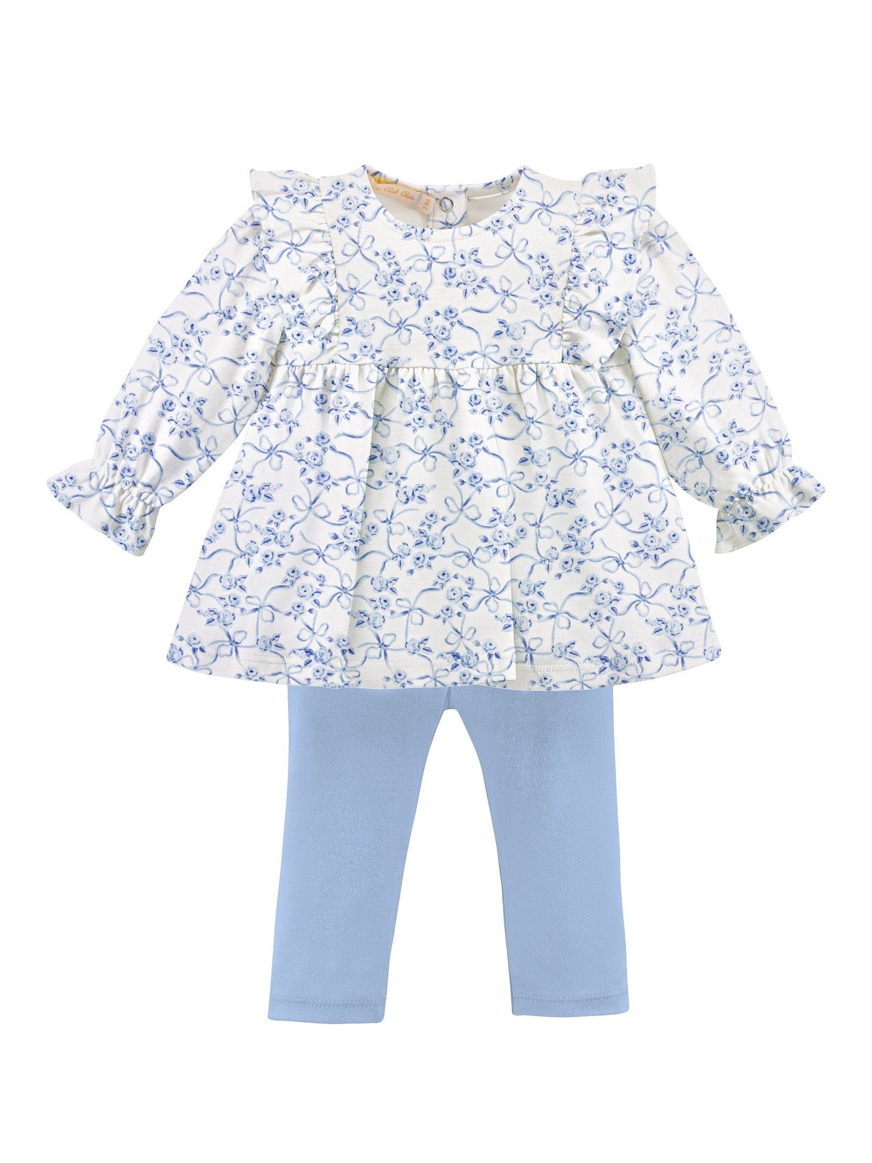 Blue Romantic Toile Printed Pima Blouse & Leggings Set