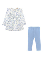 Blue Romantic Toile Printed Pima Blouse & Leggings Set