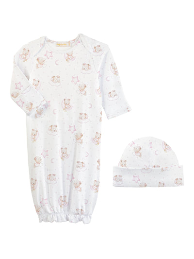 PRE-ORDER Printed Gown & Hat Set - Sleep Tight Pink Bear