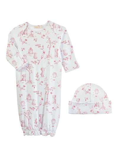 PRE-ORDER Printed Gown & Hat Set - Pink Toile de Jouy