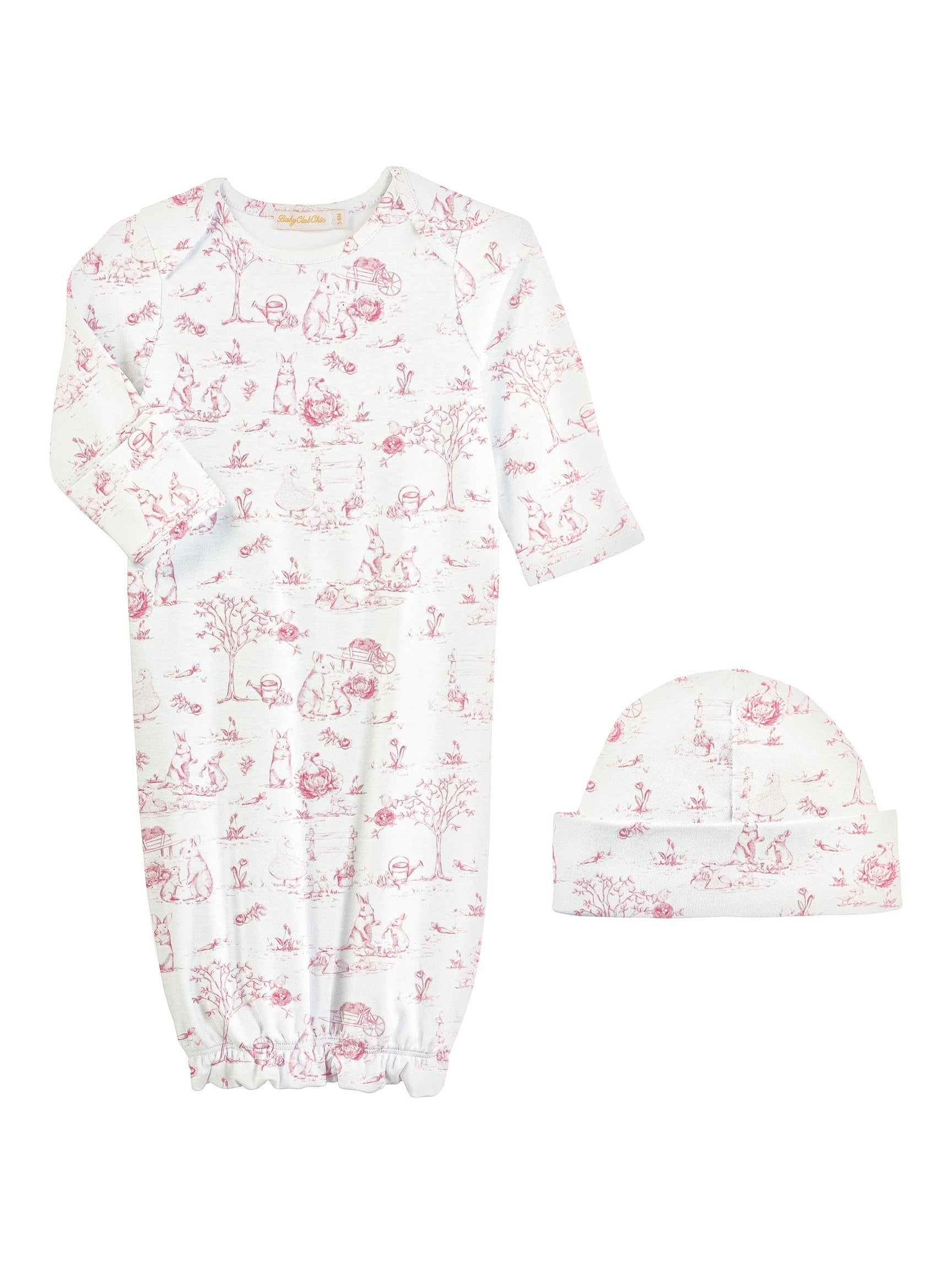 Pink Toile Bunnies Gown and Hat Set - Posh Tots Children's Boutique