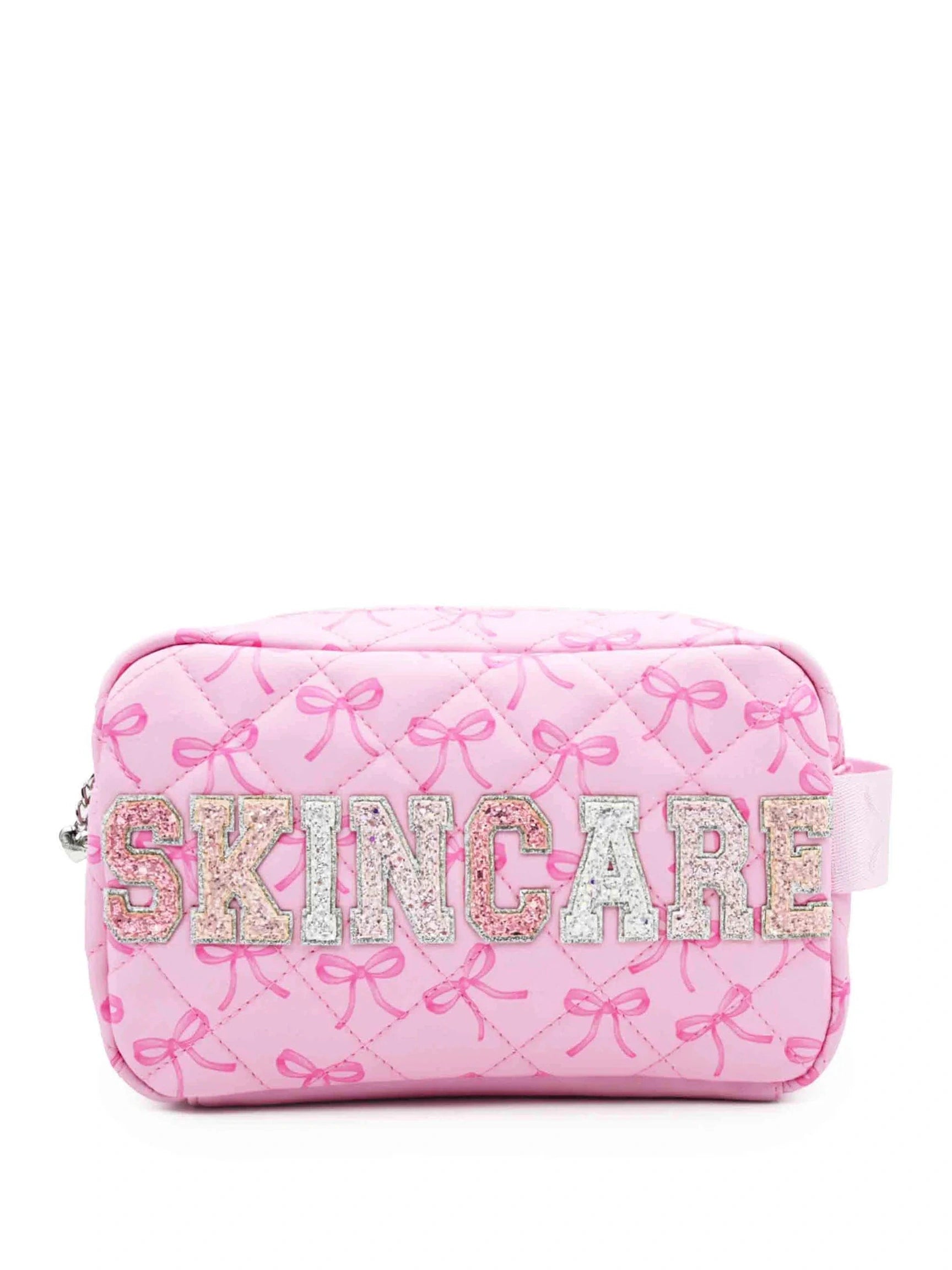'SKINCARE' Quilted Bow Printed Pouch
