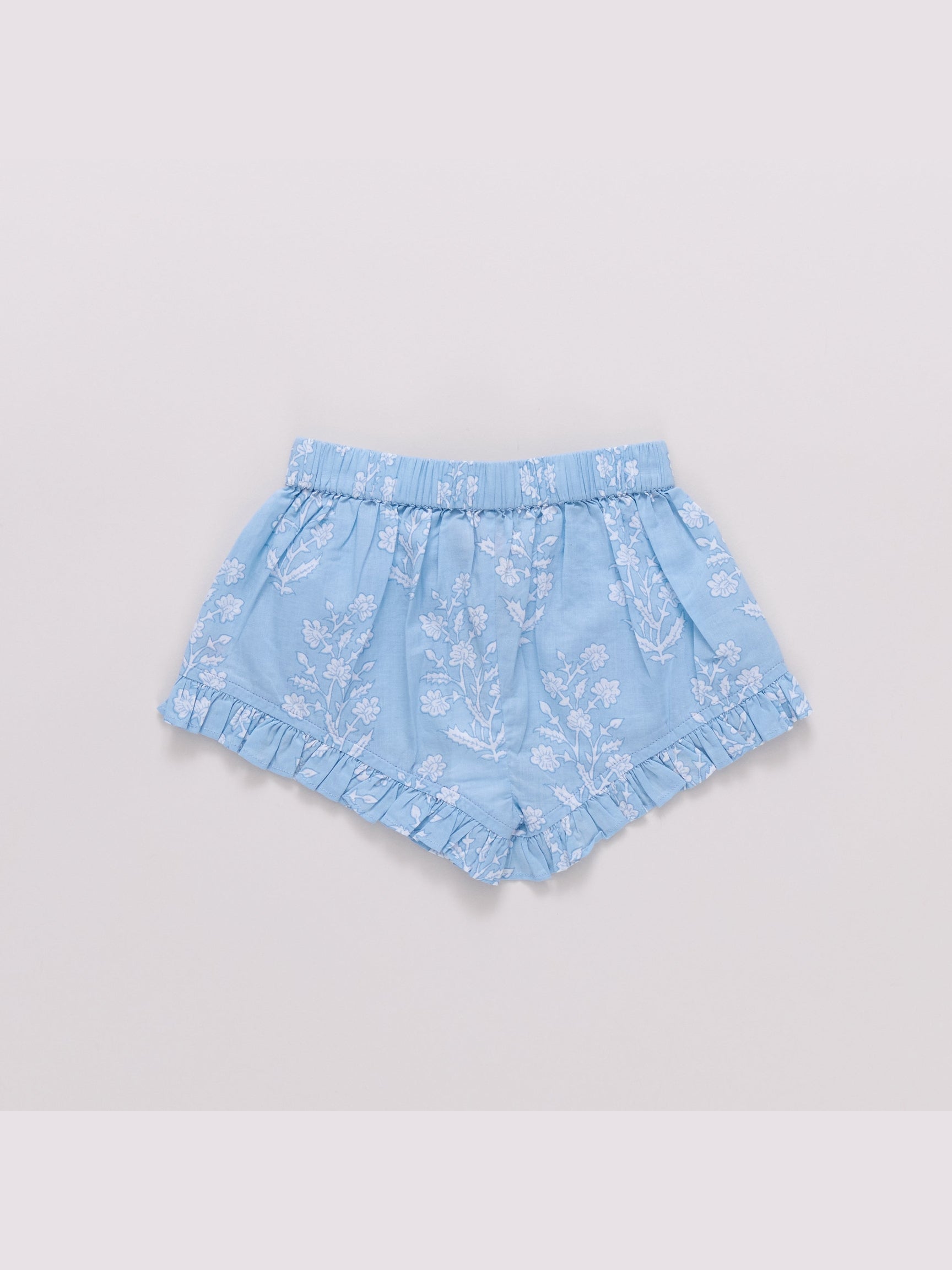 Millie Ruffle Shorts - Blue Dewdrop Block Print