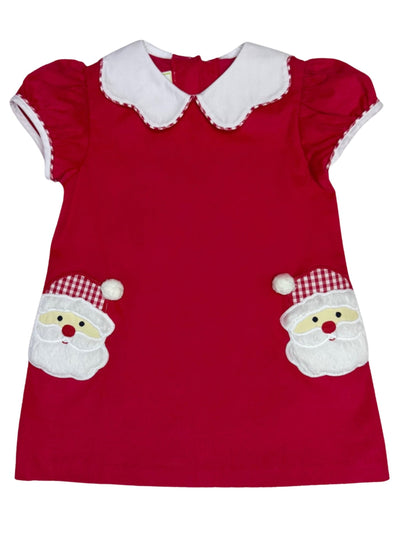 Red corduroy dress with Santa face appliqués and white collar