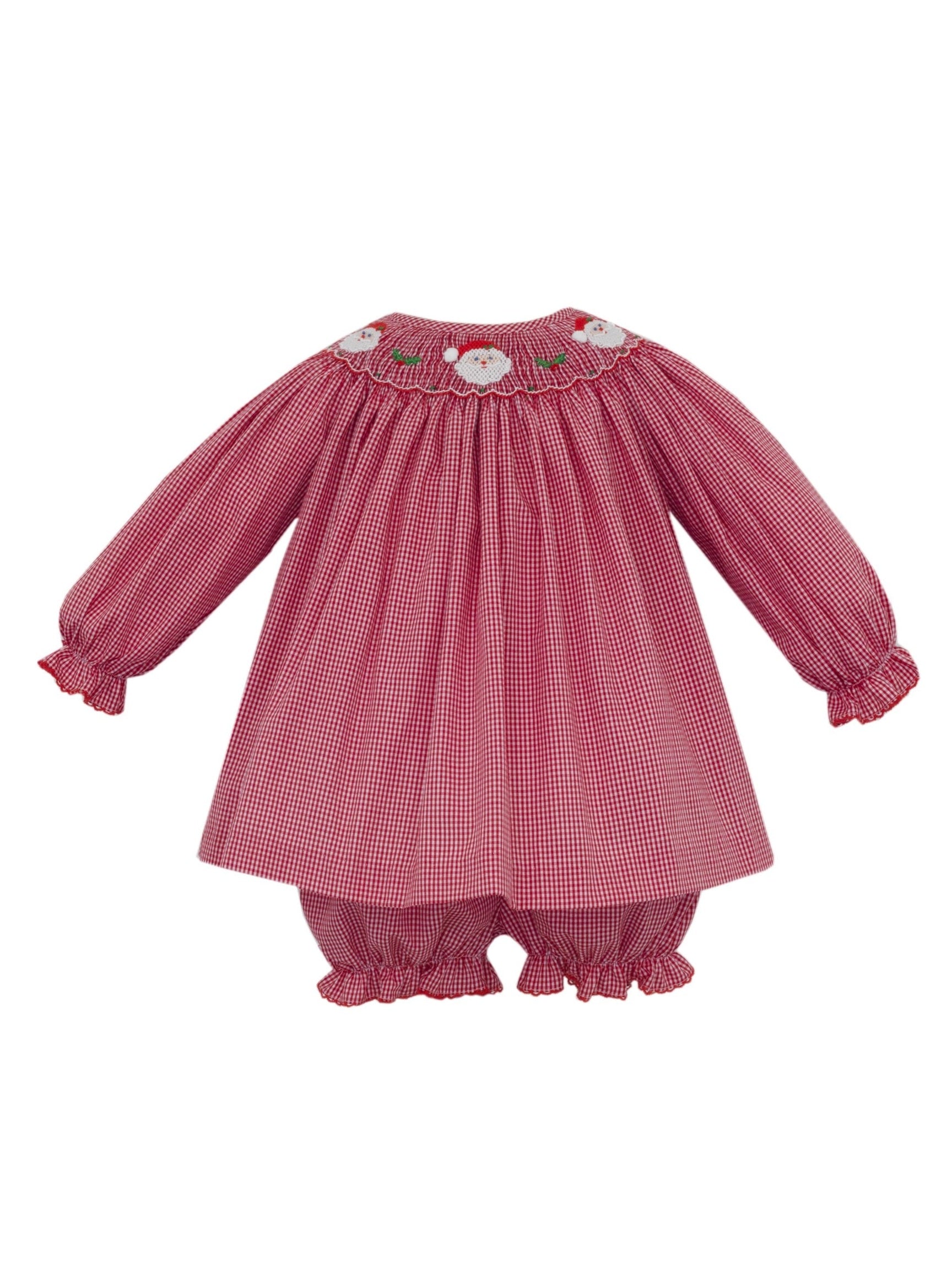 Santa'S Face Gingham Bishop Bloomer Set L/S