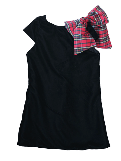 Black Velvet A line Dress with Plaid Bow