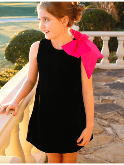 Black Velvet A line Dress with Fuchsia Bow