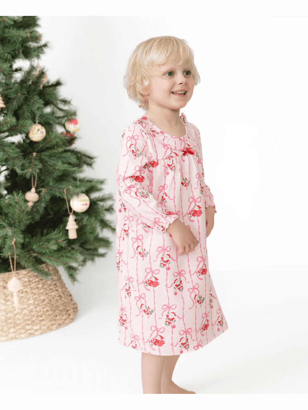 Bows & Santa - Long Sleeve Gown with Ruffle Collar