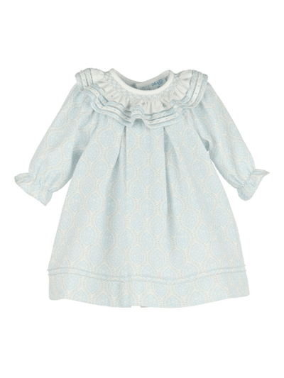 Floral Wreath Smocked Collar Bishop Dress - Blue