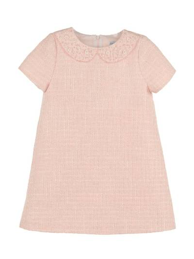 Embroidery Collar Tweed A-Line Dress - Pink