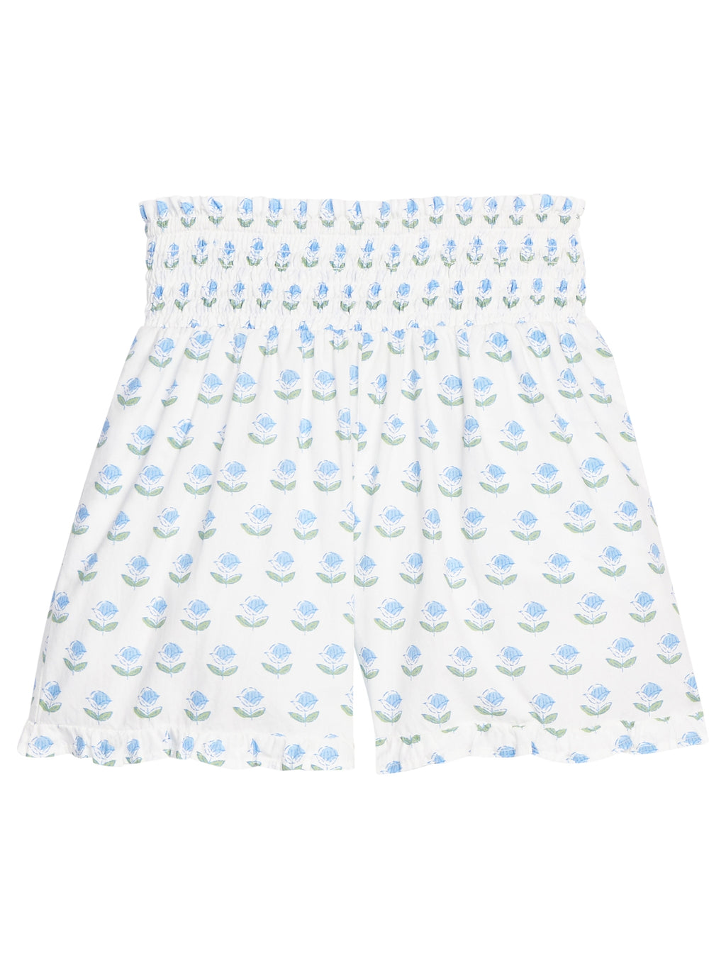 Shirred Ruffle Shorts - Blue Tulip Block Print