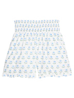 Shirred Ruffle Shorts - Blue Tulip Block Print