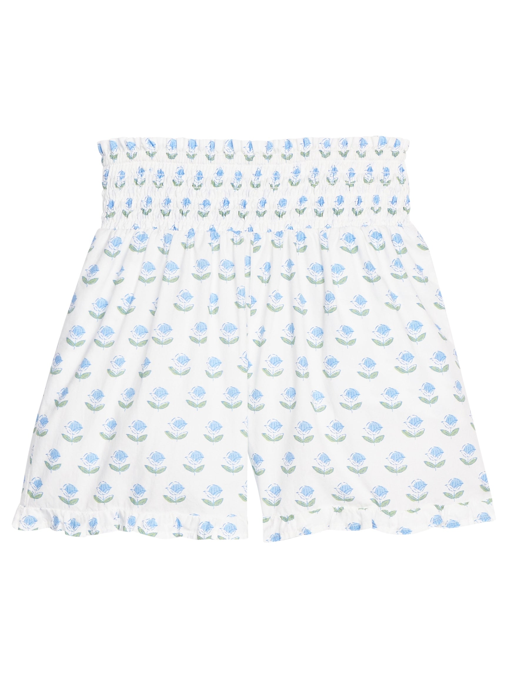 Shirred Ruffle Shorts - Blue Tulip Block Print