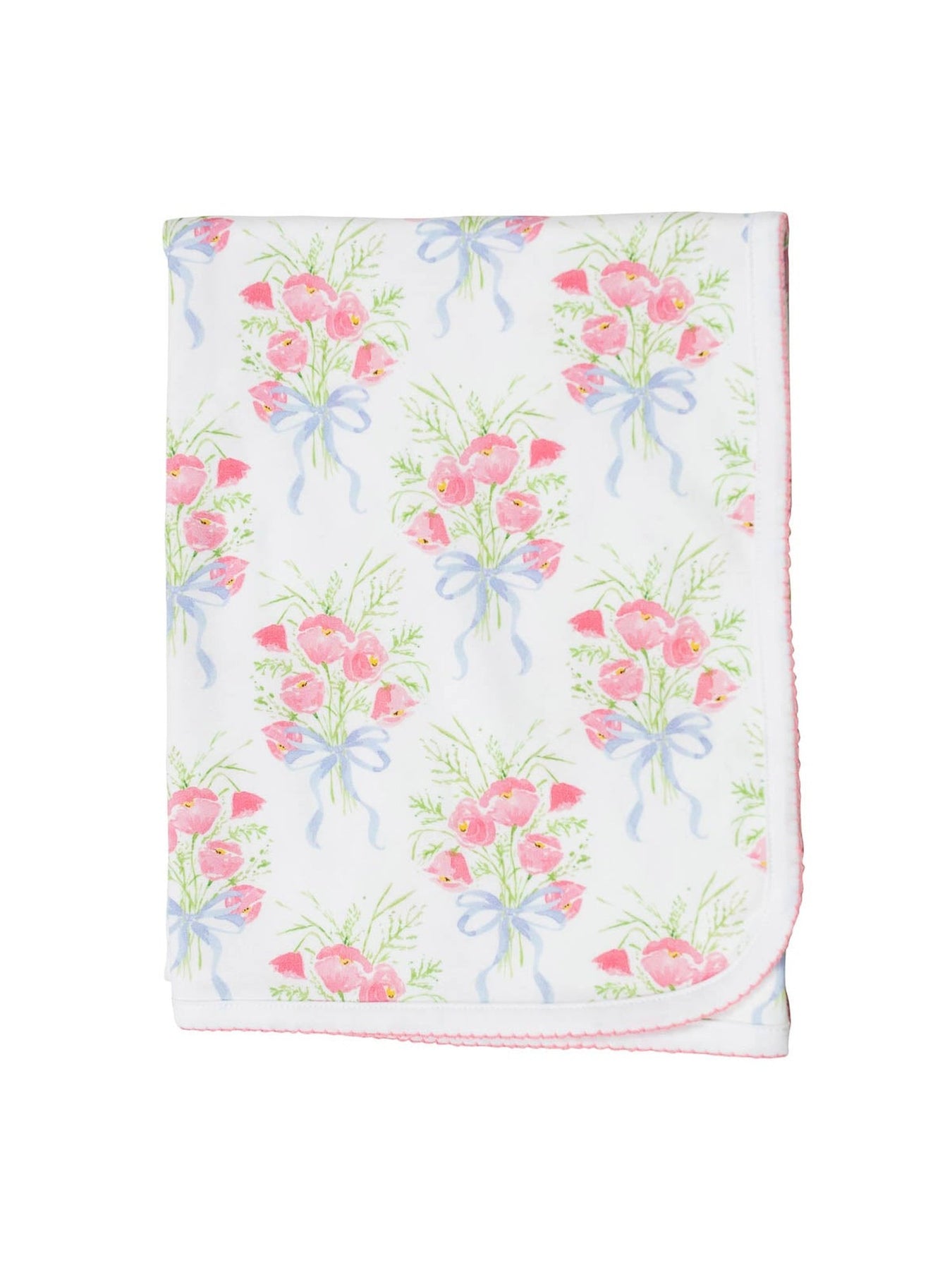 The Proper Peony Layette Baby Receiving Blankets - White with Blue or Pink Embroidery - Scallop Dots main image 1