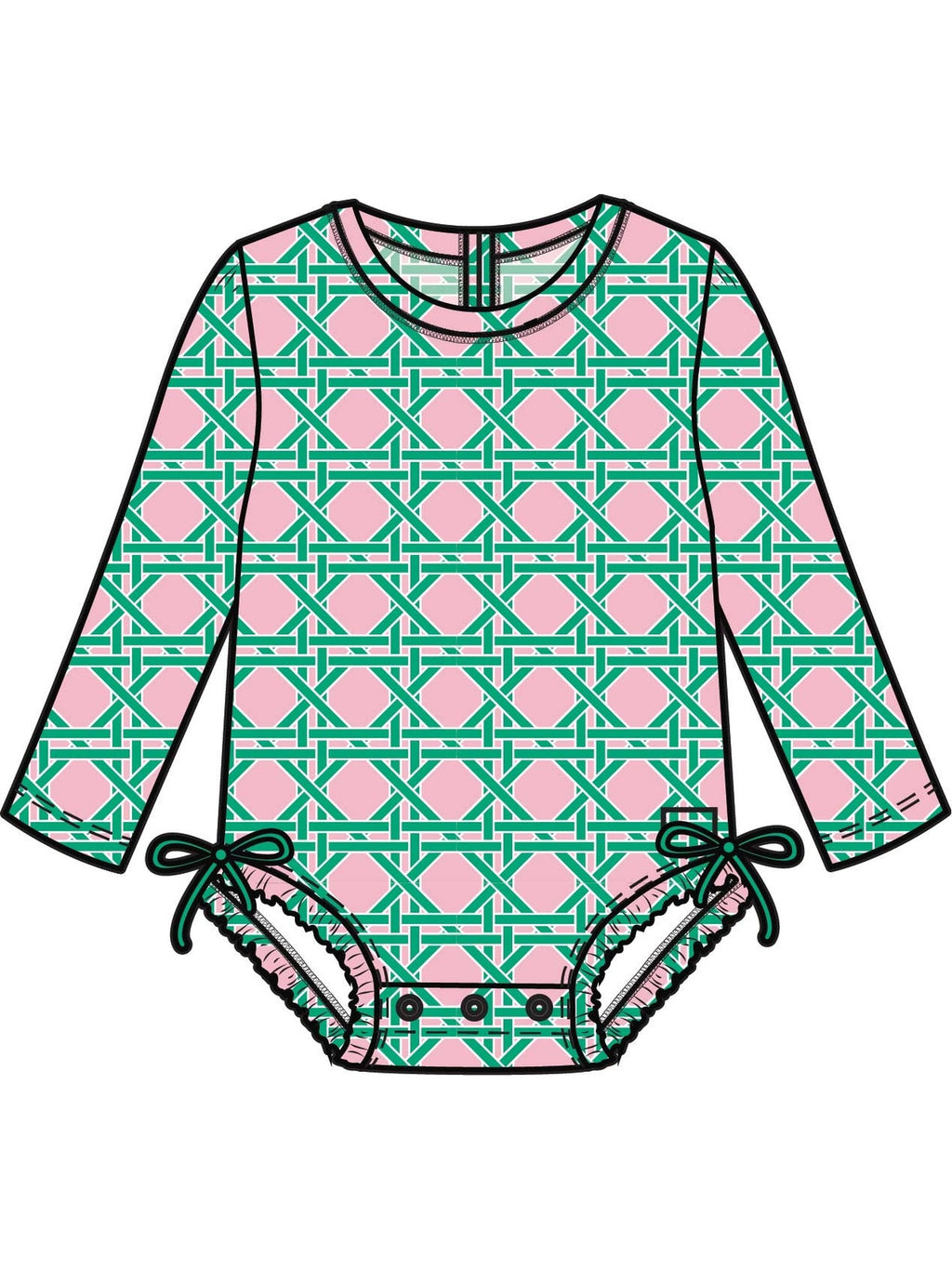 Pink Coastal Cane Long Sleeve One Piece Rash Guard Swimsuit with Signature Rear Ruffles - Baby Girl - Posh Tots Children's Boutique