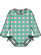 Pink Coastal Cane Long Sleeve One Piece Rash Guard Swimsuit with Signature Rear Ruffles - Baby Girl - Posh Tots Children's Boutique