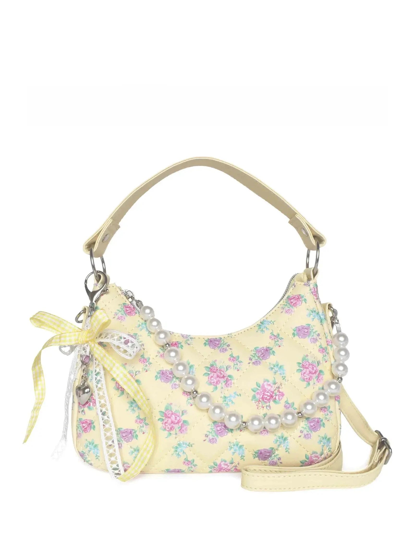 Floral Printed Hobo Crossbody with Pearl Chain