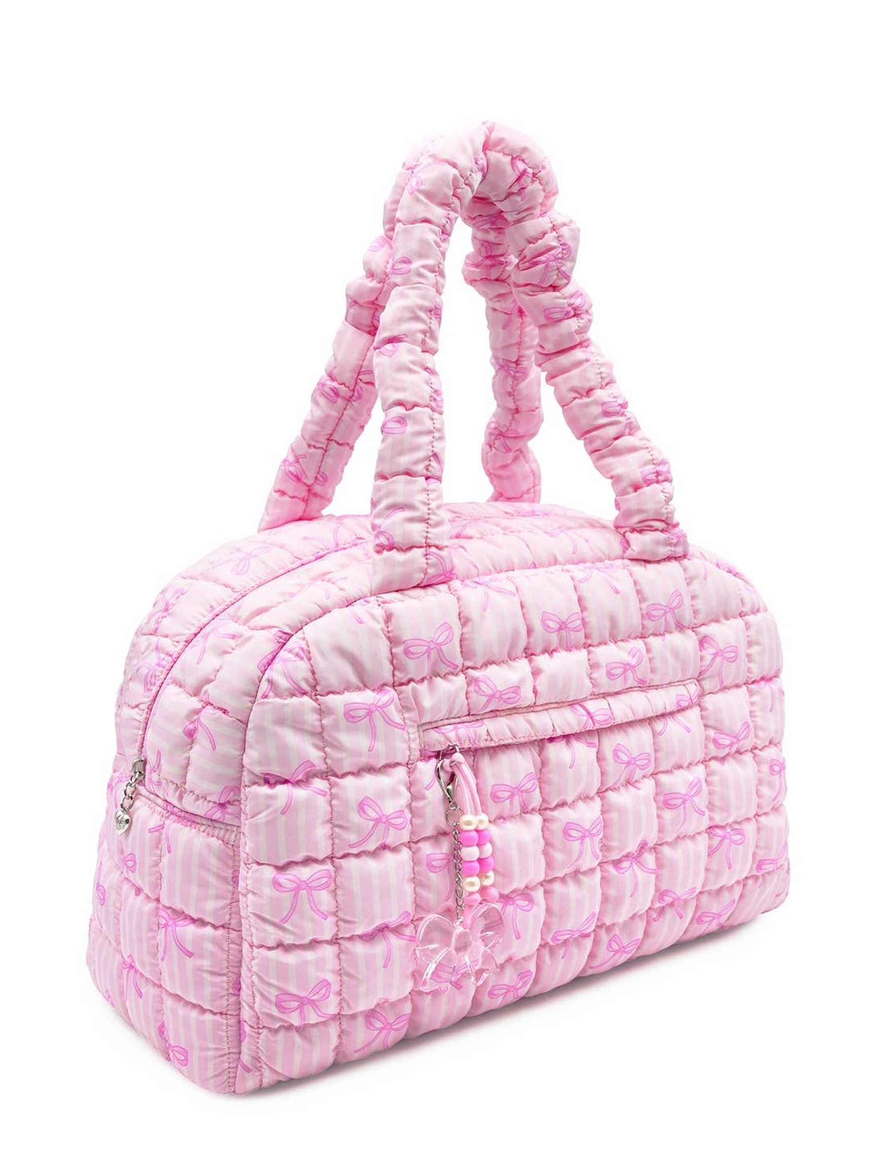 Quilted Scrunchies Striped Bow Printed Medium Duffle Bag