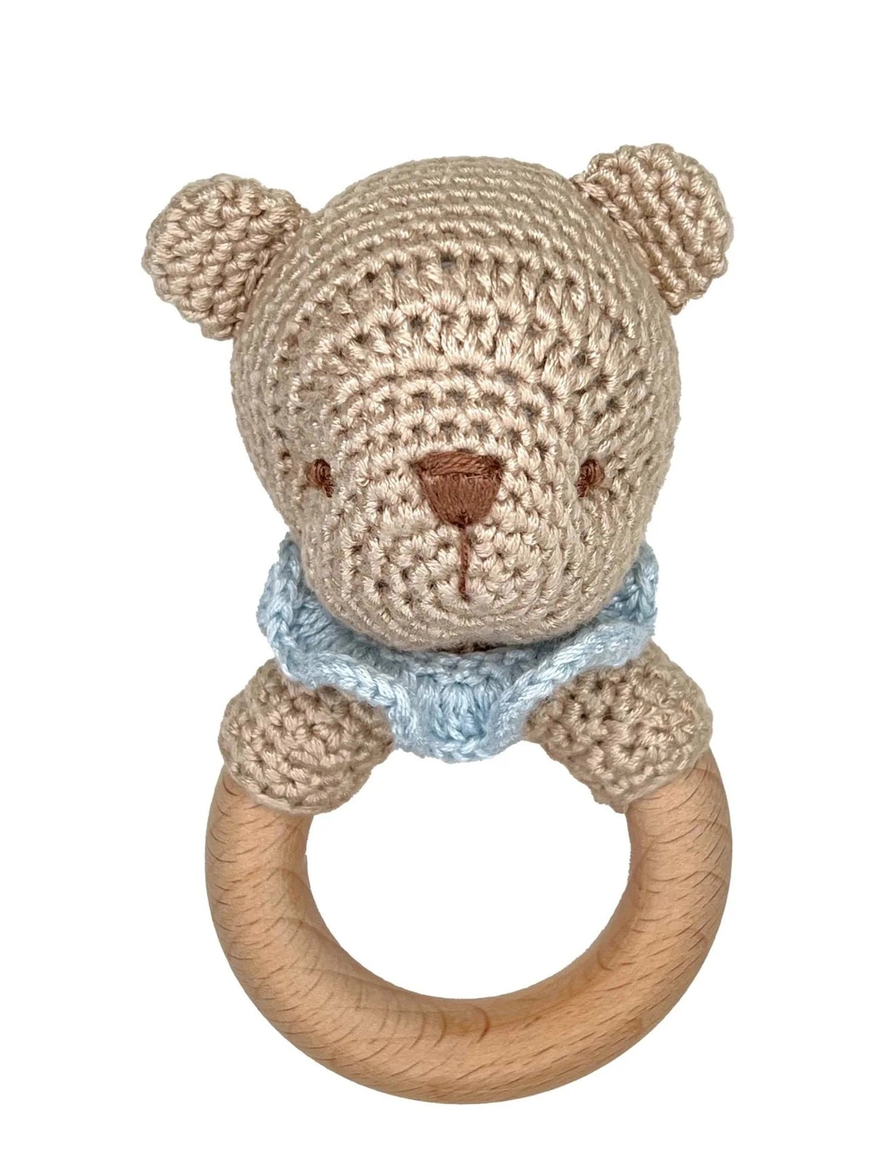 Bear Bamboo Crochet Wood Ring Rattle - Blue