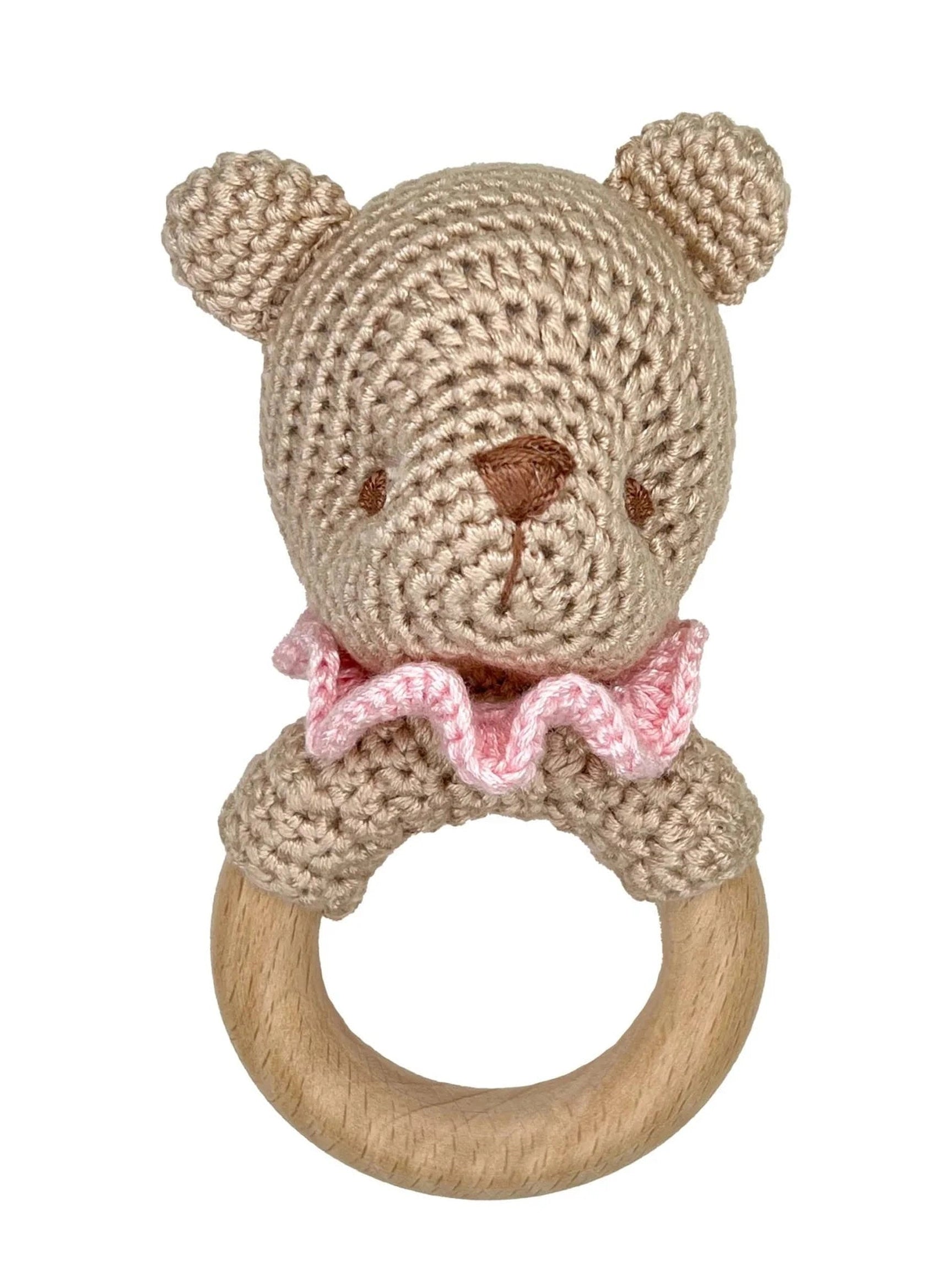 Bear Bamboo Crochet Wood Ring Rattle - Pink
