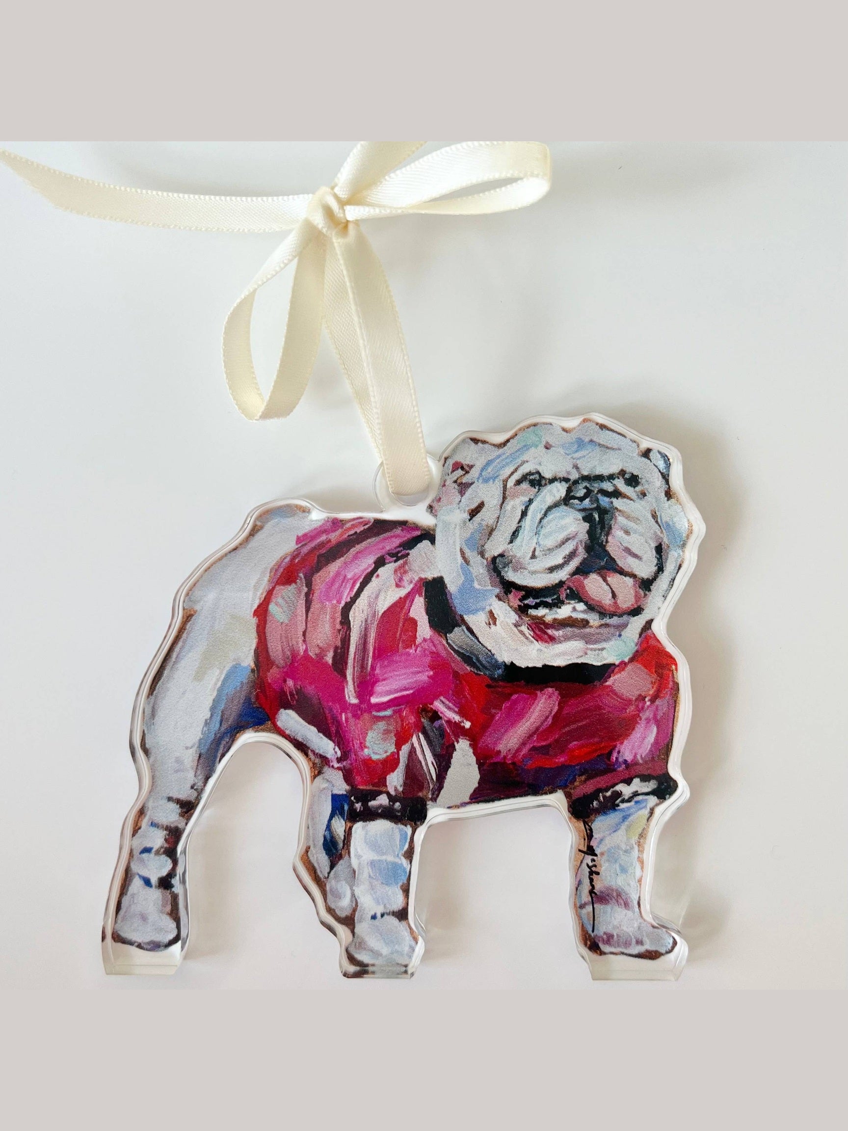 Bulldog with red shirt Acrylic Christmas Dog Ornament
