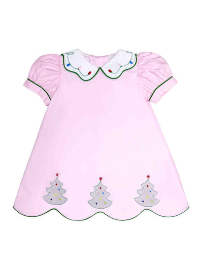 Pink dress with Christmas tree designs on with white collar embellished with christmas lights