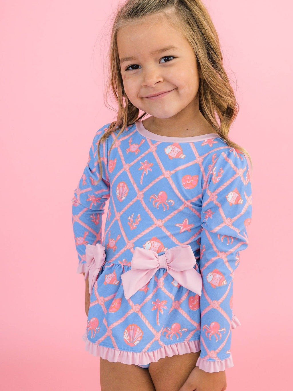 Tropical Trellis Long Sleeve One Piece Bow Peplum Rash Guard Swimsuit - Posh Tots Children's Boutique