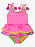 Neon Pink Crochet Detail Peplum One Piece Swimsuit - Posh Tots Children's Boutique