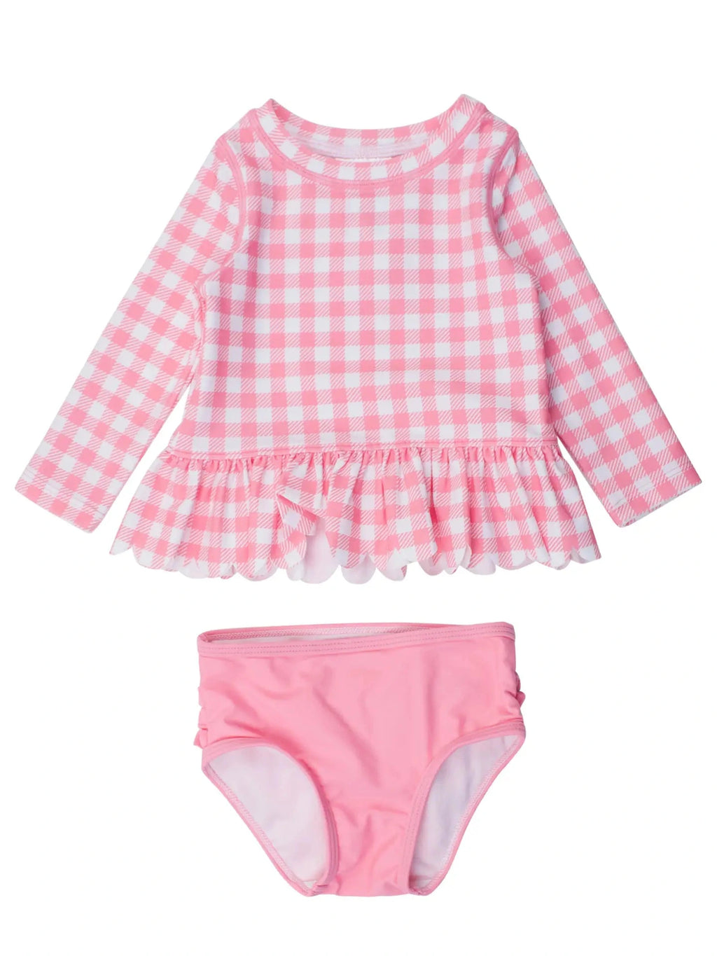 Bubblegum Gingham Scallop Hem Long Sleeve Rash Guard 2-Piece Swimsuit - Posh Tots Children's Boutique