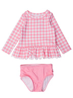 Bubblegum Gingham Scallop Hem Long Sleeve Rash Guard 2-Piece Swimsuit - Posh Tots Children's Boutique