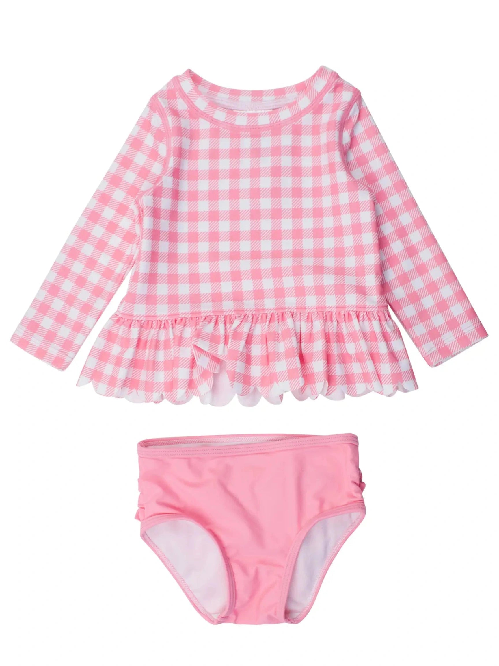 Bubblegum Gingham Scallop Hem Long Sleeve Rash Guard 2-Piece Swimsuit - Posh Tots Children's Boutique