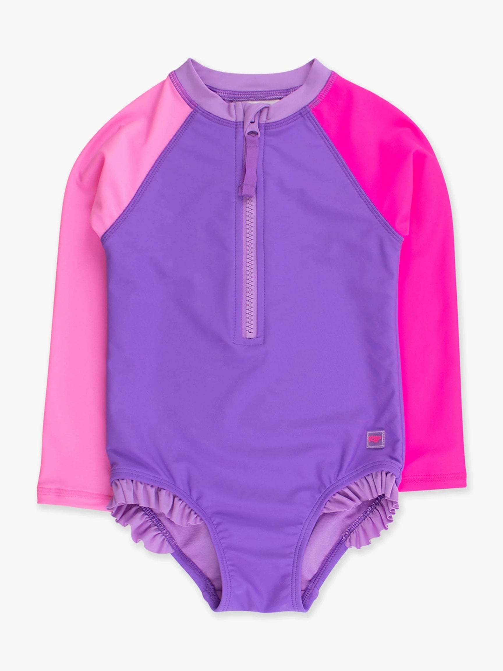 Neon Purple Color Block Long Sleeve One Piece Rash Guard Swimsuit - Posh Tots Children's Boutique