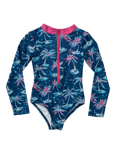 Surf and Turf One Piece Suit - Dark Blue Palm Print