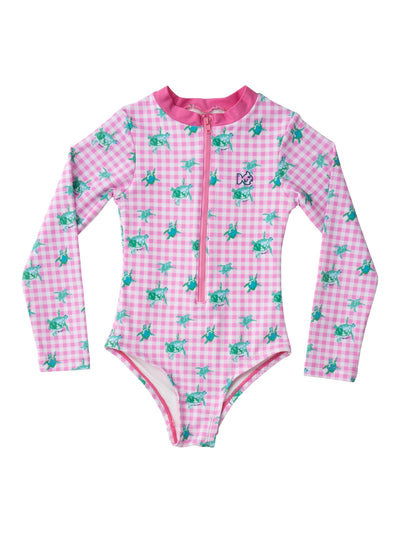 PRE-ORDER Surf & Turf One Piece Swimsuit- Pink Gingham Turtles