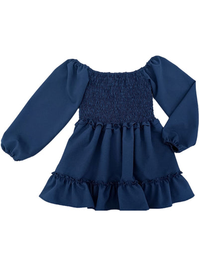 Smocked Long Sleeve Dress - Navy