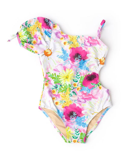 Watercolor Floral Puff Sleeve Swimsuit