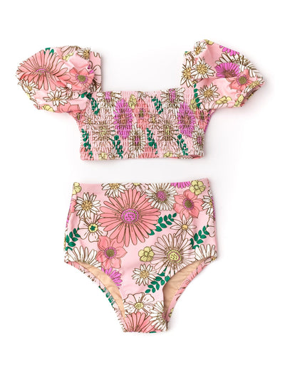 Retro Blossom Smocked High Waist Bikini